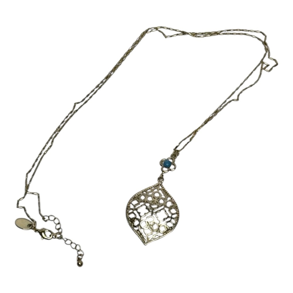 Charming Charlie Antique Gold Tone Filigree Pendant Necklace Blue Accent